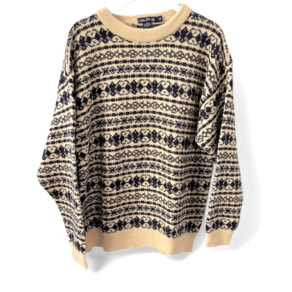 Nautica 100% Alpaca Wool Fair Isle Patterned Fisherman Sweater Unisex Men Sz L